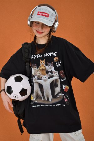 Retro Cute Cat Loose Short Sleeve T-Shirt for Women, Cartoon Graphic Tee, Summer 2024 Fashion, Y2K Style