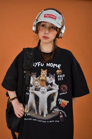 Retro Cute Cat Loose Short Sleeve T-Shirt for Women, Cartoon Graphic Tee, Summer 2024 Fashion, Y2K Style