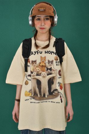 Retro Cute Cat Loose Short Sleeve T-Shirt for Women, Cartoon Graphic Tee, Summer 2024 Fashion, Y2K Style