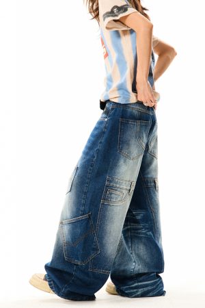 Retro Deconstructed Wide-Leg Denim Pants for Women - Three-Dimensional Silhouette, Multi-Pocket, Loose Fit, Y2K Style