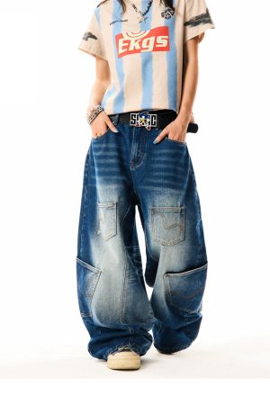 Retro Deconstructed Wide-Leg Denim Pants for Women - Three-Dimensional Silhouette, Multi-Pocket, Loose Fit, Y2K Style