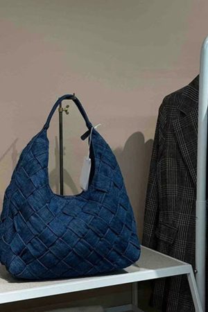 Retro Denim Blue Woven Tote Bag - Large Capacity Underarm Shoulder Handbag for Casual Everyday Use
