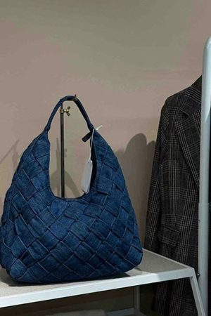 Retro Denim Blue Woven Tote Bag - Large Capacity Underarm Shoulder Handbag for Casual Everyday Use