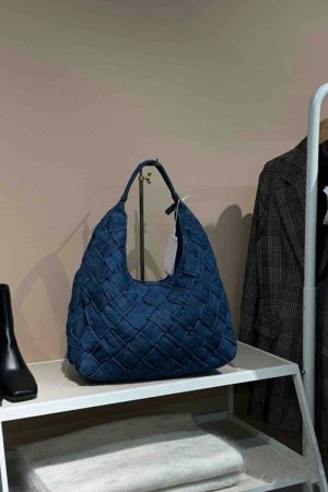 Retro Denim Blue Woven Tote Bag - Large Capacity Underarm Shoulder Handbag for Casual Everyday Use