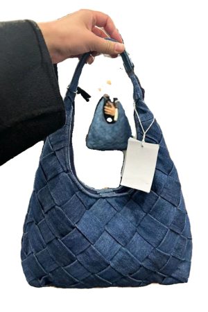 Retro Denim Blue Woven Tote Bag - Large Capacity Underarm Shoulder Handbag for Casual Everyday Use
