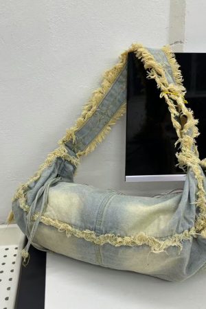 Retro Denim Shoulder Bag - Lazy Style Round Tube, Washed Frayed Tassel, Large Capacity Crossbody Canvas Bag for Commuting