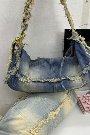 Retro Denim Shoulder Bag - Lazy Style Round Tube, Washed Frayed Tassel, Large Capacity Crossbody Canvas Bag for Commuting