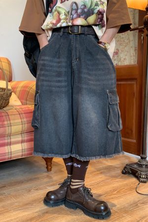 Retro Denim Work Capris with Cat Whiskers, Big Pockets, Embroidery, Wide-Leg Loose Fit Pants for Casual Y2K Style