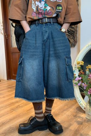 Retro Denim Work Capris with Cat Whiskers, Big Pockets, Embroidery, Wide-Leg Loose Fit Pants for Casual Y2K Style