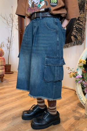Retro Denim Work Capris with Cat Whiskers, Big Pockets, Embroidery, Wide-Leg Loose Fit Pants for Casual Y2K Style