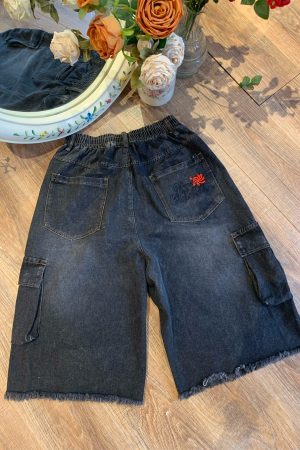 Retro Denim Work Capris with Cat Whiskers, Big Pockets, Embroidery, Wide-Leg Loose Fit Pants for Casual Y2K Style