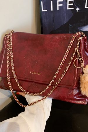 Retro Diamond Quilted Chain Shoulder Bag - Large Oil Wax Leather Handbag for Women, Trendy 2025 Casual Commuter Tote