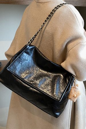 Retro Diamond Quilted Chain Shoulder Bag - Large Oil Wax Leather Handbag for Women, Trendy 2025 Casual Commuter Tote