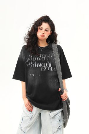 Retro Distressed Letter Short-Sleeve T-Shirt for Women â€“ Summer Loose Fit Versatile Casual Top, Vintage American Style