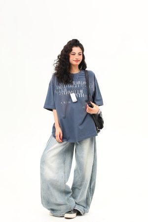 Retro Distressed Letter Short-Sleeve T-Shirt for Women â€“ Summer Loose Fit Versatile Casual Top, Vintage American Style