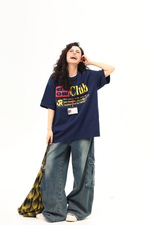 Retro Double Collar Letter Short-Sleeve T-Shirt for Men and Women, Pure Cotton Round Neck Couples Tee, Vintage American Style