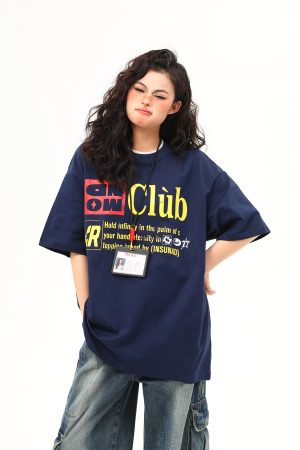 Retro Double Collar Letter Short-Sleeve T-Shirt for Men and Women, Pure Cotton Round Neck Couples Tee, Vintage American Style