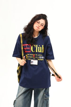 Retro Double Collar Letter Short-Sleeve T-Shirt for Men and Women, Pure Cotton Round Neck Couples Tee, Vintage American Style