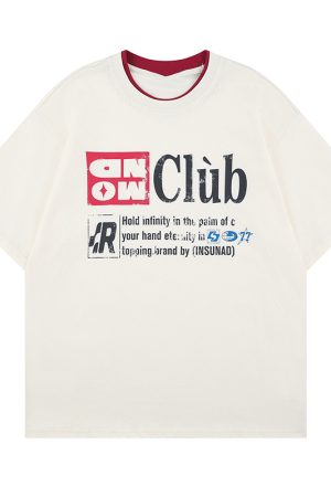 Retro Double Collar Letter Short-Sleeve T-Shirt for Men and Women, Pure Cotton Round Neck Couples Tee, Vintage American Style