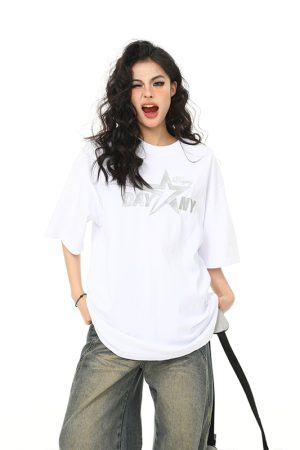 Retro Embroidered Letter Short-Sleeve T-Shirt for Men and Women, Oversized Couple Style, Vintage 90s American Fashion