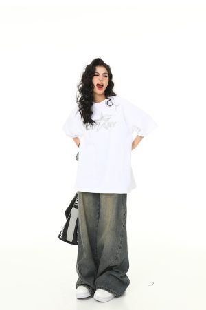 Retro Embroidered Letter Short-Sleeve T-Shirt for Men and Women, Oversized Couple Style, Vintage 90s American Fashion