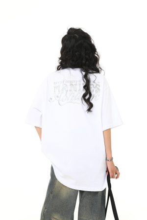 Retro Embroidered Letter Short-Sleeve T-Shirt for Men and Women, Oversized Couple Style, Vintage 90s American Fashion