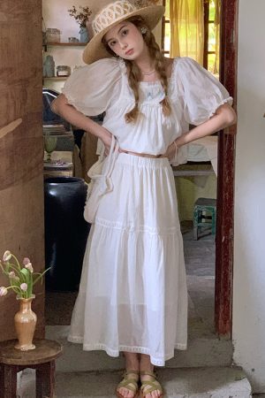 Retro Embroidered Square Neck Puff Sleeve Top and Women's Summer Ramie Half Skirt Set - Vintage Style Outfit