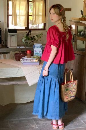 Retro Embroidered Square Neck Puff Sleeve Top and Women's Summer Ramie Half Skirt Set - Vintage Style Outfit