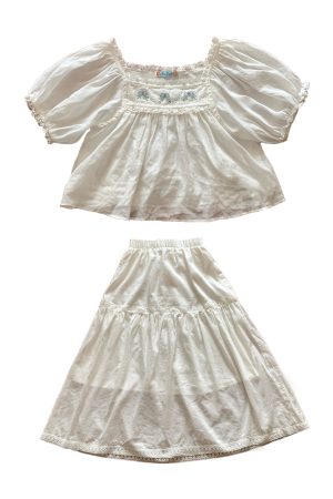 Retro Embroidered Square Neck Puff Sleeve Top and Women's Summer Ramie Half Skirt Set - Vintage Style Outfit