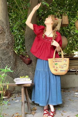 Retro Embroidered Square Neck Puff Sleeve Top and Women's Summer Ramie Half Skirt Set - Vintage Style Outfit