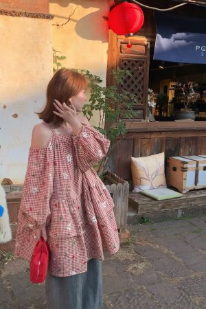 Retro Floral Embroidery Cotton Dress - Women's Off-Shoulder Lantern Sleeve Short Skirt - Vintage Spring Style