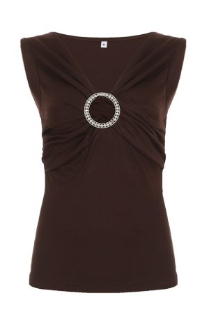 Retro French Low V-Neck Round Ring Button Vest Women's Ethnic Style Pleated Slimming Brown Top for Y2K Fashion Lovers