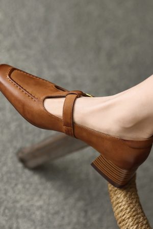 Retro Genuine Leather Mary Jane Flats for Women - Square Toe, Mid-Chunky Heel, Versatile 2025 Y2K Style Loafers