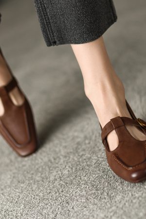 Retro Genuine Leather Mary Jane Flats for Women - Square Toe, Mid-Chunky Heel, Versatile 2025 Y2K Style Loafers