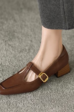 Retro Genuine Leather Mary Jane Flats for Women - Square Toe, Mid-Chunky Heel, Versatile 2025 Y2K Style Loafers