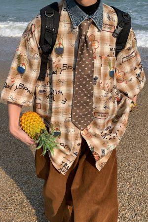 Retro Graffiti Checkered Short Sleeve Shirt for Men and Women - Vintage Summer Half Sleeve Top in 90s Style