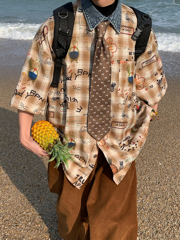 Retro Graffiti Checkered Short Sleeve Shirt for Men and Women - Vintage Summer Half Sleeve Top in 90s Style Retro Graffiti Checkered Short Sleeve Shirt for Men and Women - Vintage Summer Half Sleeve Top in 90s Style