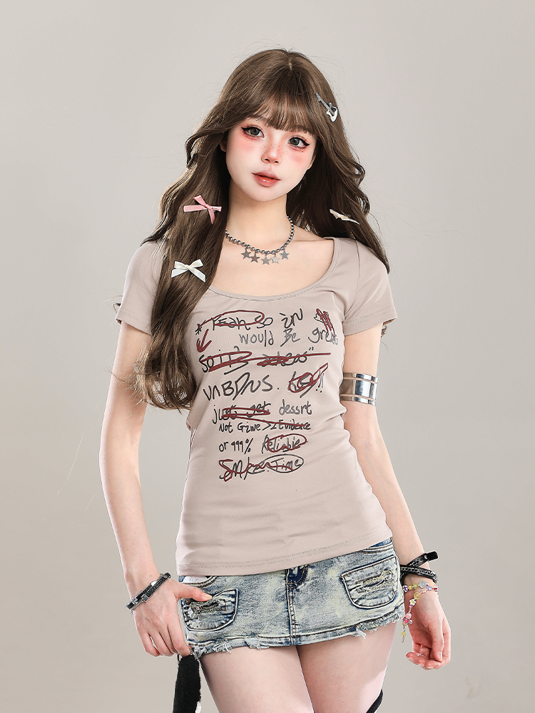 Retro Graffiti Letter Printed Slim-Fit Women's Crop Top T-Shirt - Summer 90s Style Short Sleeve Flattering Fashion Retro Graffiti Letter Printed Slim-Fit Women's Crop Top T-Shirt - Summer 90s Style Short Sleeve Flattering Fashion