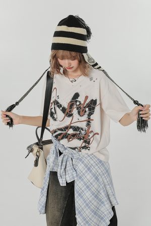 Retro Graffiti Print Round Neck Short Sleeve T-Shirt for Women - Loose Slim Fit Summer Street Style Top