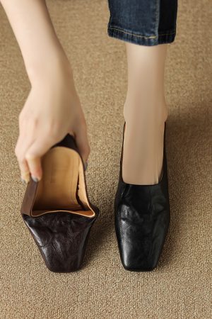 Retro High-End Genuine Leather Open-Toe Half Slippers - Square Toe Flat Mules for Y2K and 90s Inspired Style