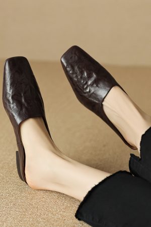 Retro High-End Genuine Leather Open-Toe Half Slippers - Square Toe Flat Mules for Y2K and 90s Inspired Style