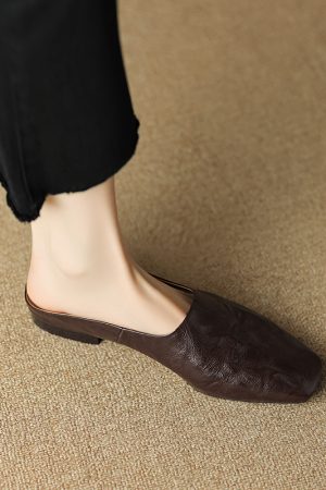 Retro High-End Genuine Leather Open-Toe Half Slippers - Square Toe Flat Mules for Y2K and 90s Inspired Style