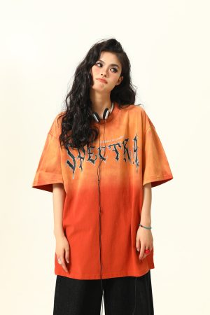 Retro High Street Washed Gradient Letter Short-Sleeve T-Shirt for Men and Women - Trendy Summer Couple Tee