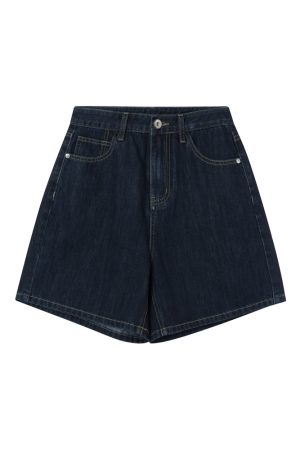 Retro High-Waisted Denim Shorts for Women - 2025 New Style Deep Blue Casual Wide-Leg Straight Leg Summer Fashion