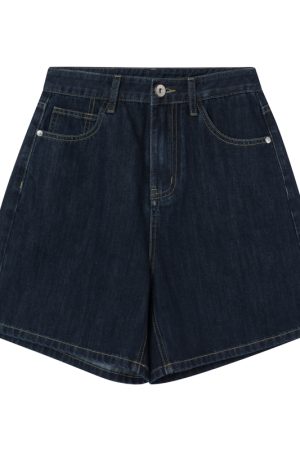 Retro High-Waisted Denim Shorts for Women - 2025 New Style Deep Blue Casual Wide-Leg Straight Leg Summer Fashion