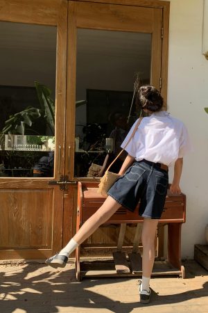 Retro High-Waisted Denim Shorts for Women - 2025 New Style Deep Blue Casual Wide-Leg Straight Leg Summer Fashion