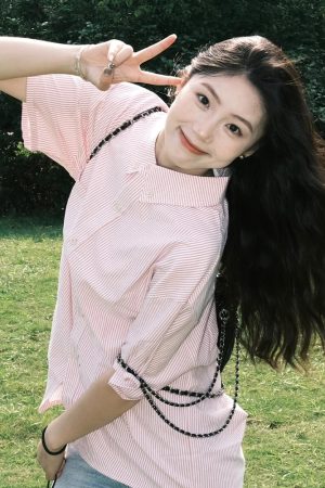 Retro Hong Kong Style Pink Striped Short Sleeve Shirt for Women - Casual Loose Fit Smiley Face Jacket Top for Summer