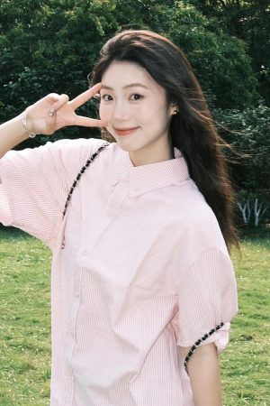 Retro Hong Kong Style Pink Striped Short Sleeve Shirt for Women - Casual Loose Fit Smiley Face Jacket Top for Summer