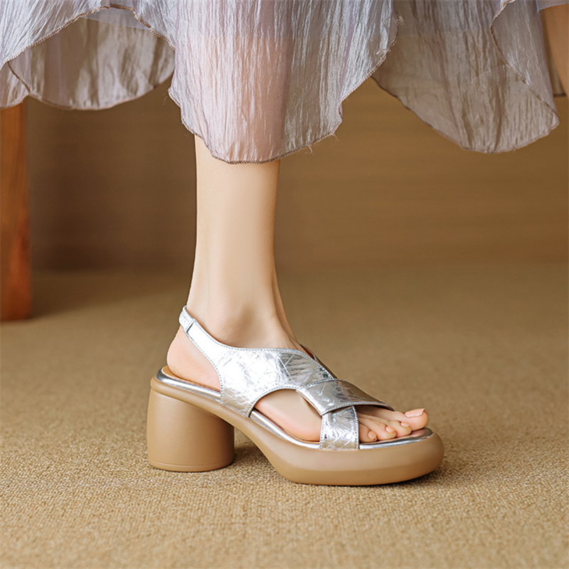 Retro Italian Open-Toe Thick-Soled Waterproof Platform High-Heeled Sandals in Gold and Silver - Genuine Leather Fashion Footwear Retro Italian Open-Toe Thick-Soled Waterproof Platform High-Heeled Sandals in Gold and Silver - Genuine Leather Fashion Footwear