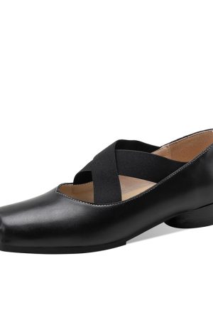 Retro Italian Soft Leather Square-Toe Low-Cut Chunky-Heel Cross-Strap Mary Jane Shoes - Vintage Inspired Fashion Footwear